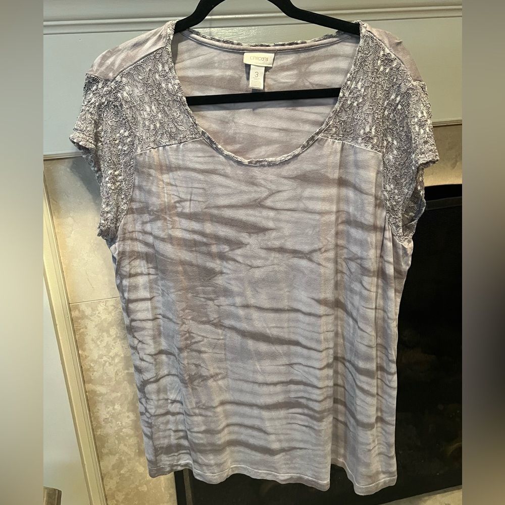 Chico's Lavender Gray Short-Sleeve Blouse with Lace Yoke